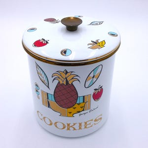 Georges Briard AMBROSIA White Enamelware Cookie Canister- Porcelainite Cookie Jar with Lid