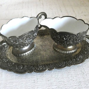 Antique Silver Plated and White Enamel Creamer and Sugar Bowl Set with tray- embossed rose design- Japan