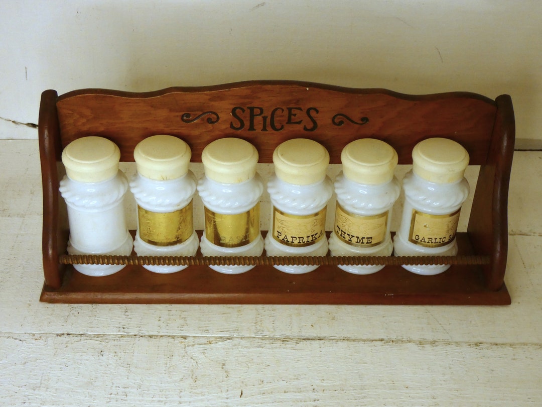 Vintage Milk Glass Spice Jar Set With Carved Wood Rack Etsy