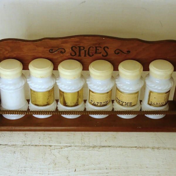 Vintage milk glass spice jar set with carved wood rack