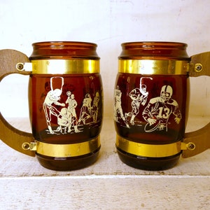 Vintage 1960s Siesta Ware amber glass barrel mugs with wood handle- pair of football mugs
