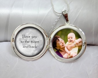 I love you to the moon and back - Silver Photo Locket Necklace