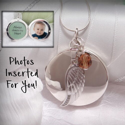 Medallón de plata de ley con dije de ala de ángel y piedra de nacimiento - capacidad para 2 fotos