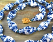 Rare Vintage Porcelain Chinese Asian Necklace Blue White Vase Shape Hand Painted LARGE Beads 25 quot Long Knotted Statement Necklace Hefty