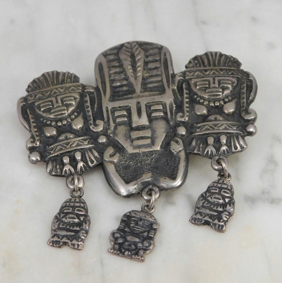 Peruvian 900 Silver Large Pre-Incan Mask Pin Antiq