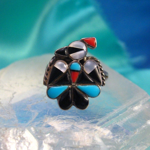 Old Native American Ring Zuni Peyote Bird Multistone Native Sterling 925 Silver Gemstone Inlay Sz 4.5 #731