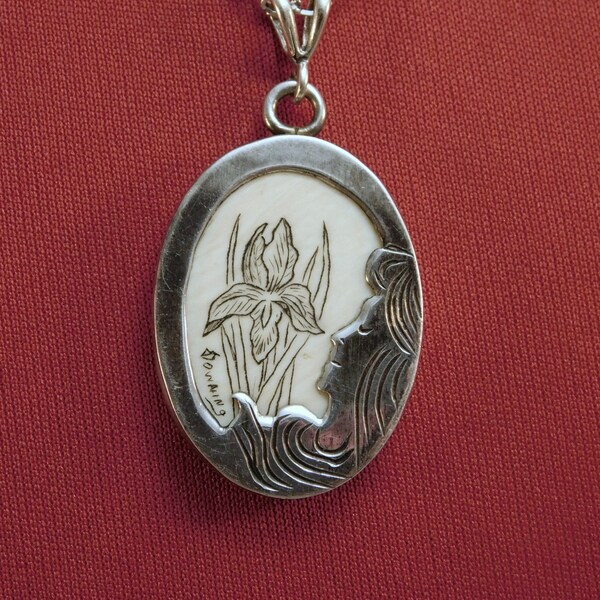 Sterling Pendant Scrimshaw Floral Iris Unique Art Nouveau Frame Silver 18 In. Chain Signed Downing