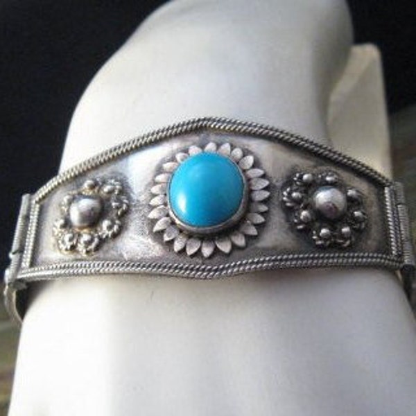 Bracelet Old Turquoise Vintage Art Deco Sterling Silver Panel Bracelet Stamp Unisex Repousse Pin Closure B-1