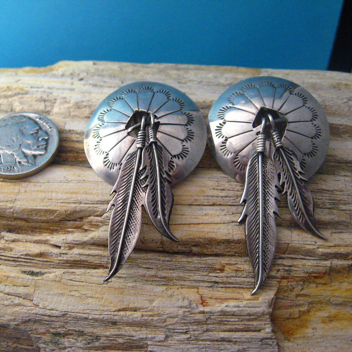 Native american online silver feather earrings