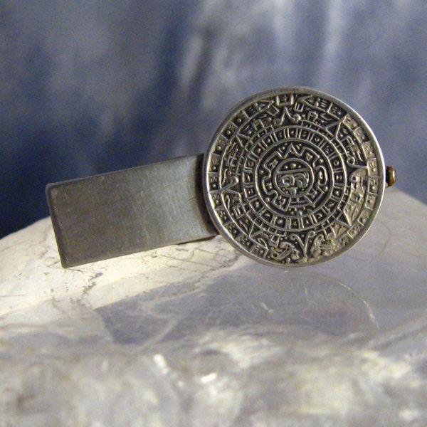 Bernice Goodspeed  - Vintage Mid 1900's Sterling Silver Mexican  Aztec Calender Tie Clip Signed