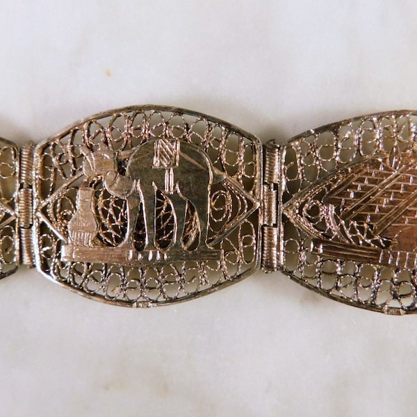 Vintage Egypt Bracelet Silver Gold Filigree Egyptian Revival Panel Bracelet