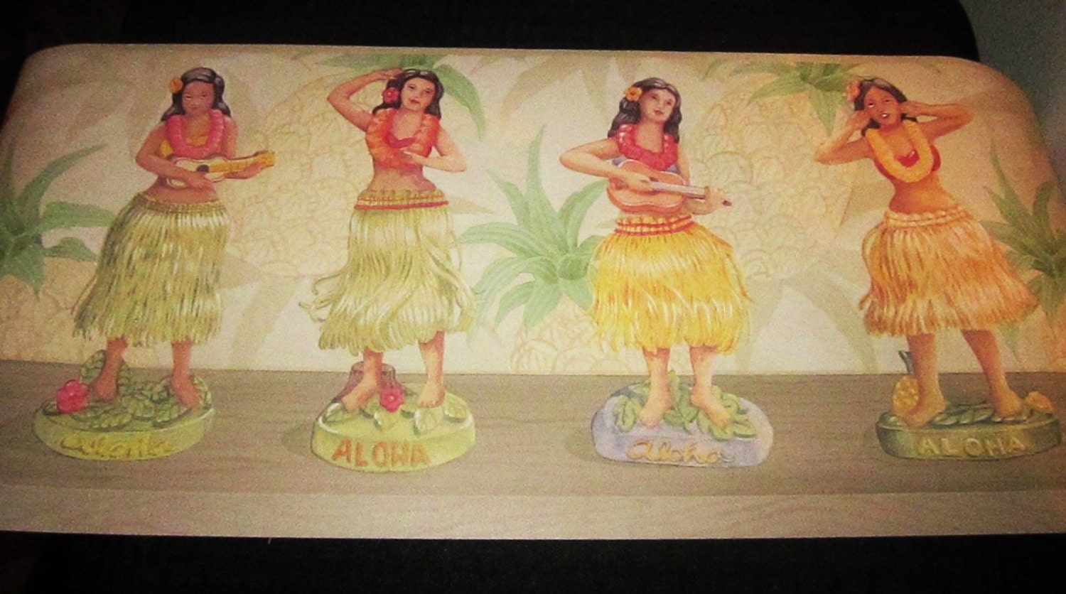 Hawaiian Hula Girls Wallpaper Border, Dancing Girl With Tropical Palms