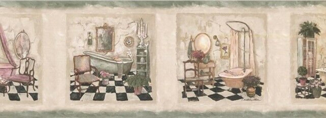 Wallpaper Wall Border Victorian Bathtubs Fancy Bath Country Cottage