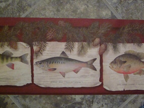 Fish and Pinecones Wallpaper Border Wall Decor Rustic Country Lodge Style,  Log Cabin Decor, Hunting or Fishing Theme 