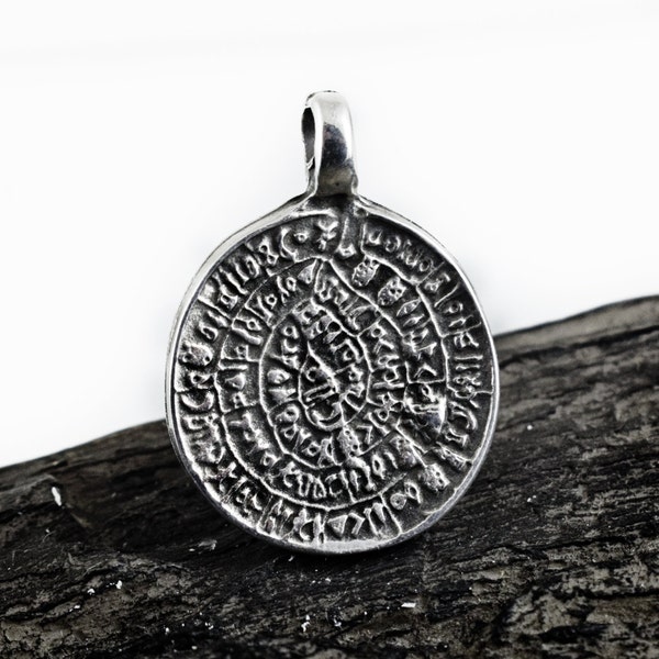 Antique Silver Phaistos Disc Pendant, Ancient Minoan Cretan Disc Pendant, Double Sided, 25x32mm, 1 piece