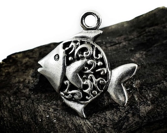 Fish Pendant, Antique Silver Fish Pendant 30x33,  Double Sided Metal Pendant, Metal Casting, Antique silver finish, 1 piece