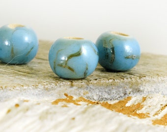 Blue Ceramic Beads 9mm, Enameled Round Spacer Beads, 3mm hole, Marbled Glazed Ceramics, 4 pieces