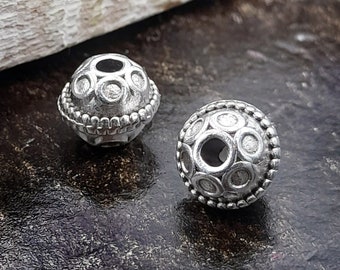 Spacer Beads 10mm with Round Patterned, Silver Plated Ball, For 0.8mm cord, Antique Silver finish, 3 pieces