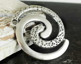 Circle of life Pendant, Antique Silver Spiral Large Metal Pendant, Swirl for 4mm Cord or Chain, 47x45mm Hammered Pendant, 1 piece