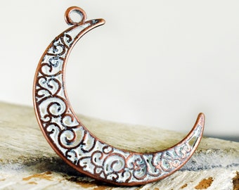 Moon Pendant 40x27mm, Antique Copper & White Patina Crescent, Half Moon Charm, Bohemian Filigree Celestial for Necklace - Earrings, 1 piece