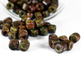 Brown Green Ceramic Tube Beads 9x7mm, Spacer beads, Washer Ceramic Beads, Round Slider Beads, 15 pieces