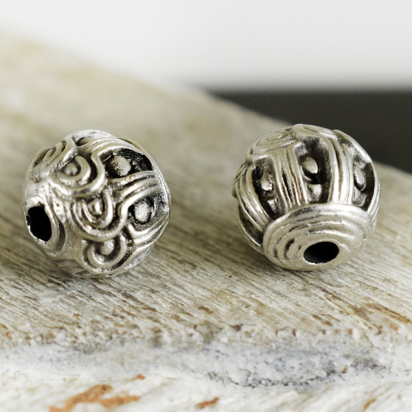 Spacer Beads 11mm, Ethnic Patterned Beads, Bali Style Round Ball Beads, Antique Silver Boho Slider Beads, 2 pieces