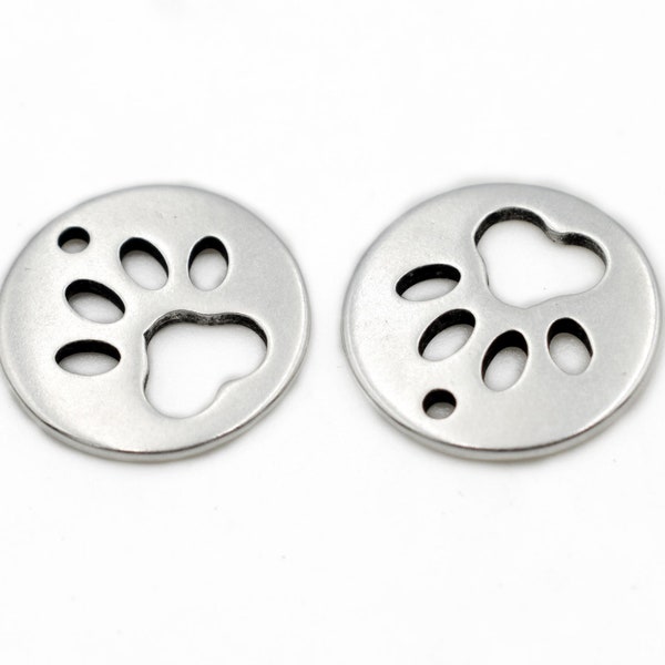 Paw Pendant,  Round Perforated Paw Charm 15mm, Pet Lover, Silver Plated Puppy or Cat Paw, Gift For a Dog or a Cat Lover, Animal Paw, 2pcs