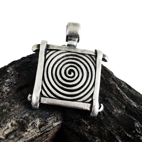 Large Spiral Pendant, Antique Silver Pendant, Swirl Ethnic Tribal Pendant, for 6mm Cord or Chain, Metal Casting