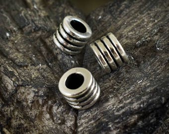 Tube Column Striped Antique Silver Metal Rondelle Spacer Beads 7x9mm with 4.5mm Hole, Craft Supplies, 2 pieces