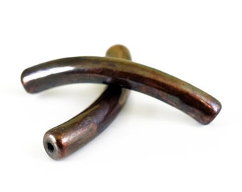 Ceramic Curved Tube Bar, Copper Plated with Brown Patina Thick Spacer bead 49x7mm, Necklace Tube, Tube Arched Bar, 1 piece