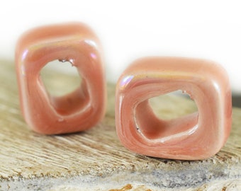 Coral Ceramic Beads Tube Slider, Salmon Pink Oil On Water Ceramic beads 18x15x10mm, Glazed Light Coral Metallic Color, 2 pieces