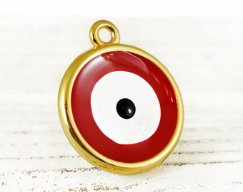 Red Gold Tone Evil Eye Charm 29x25mm, Evil Eye Enamel Charm Pendant, Red Eye, Round Mati Pendant, 1 piece