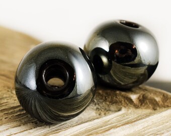 Black Ceramic Bead, Enameled Ceramic 24x20mm, Round Glazed Ceramic, Oil Round Large Greek Ceramic Beads, Dark Silver, 1 piece