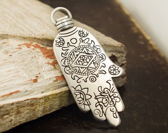 Hamsa Hand Pendant 27x63mm, Silver Plated Hand of Fatima Charm, Religious Pendant , Antique silver finish, Jewelry Making Supplies, 1 piece