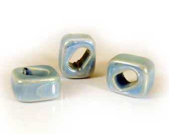 Blue Ceramic Beads Tube Slider, Enamel Ceramic beads 18x15x10mm, Light Blue Oil On Water Ceramic for Cords, Licorice Metallic beads, 2 pcs