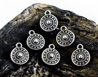 10 Silver Plated Drop Charms 9x11mm, Round Dangle Charm, Ethnic Bohemian Charms