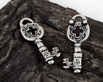 Key Charms 12x32mm, Antique Silver Greek Cast Metal Charms, 2 pieces