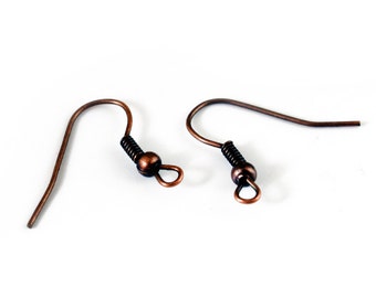 Antique Copper Hook Earrings 19mm, Ball and Coil Earring wires, Earring findings, 20 pieces