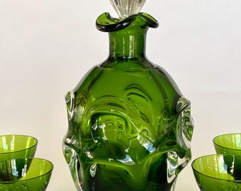 Vintage Aseda Bo Borgstrom Green Glass Decanter and Cordials Set Sweden