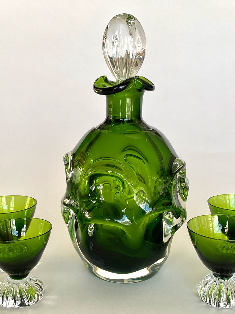 Vintage Aseda Bo Borgstrom Green Glass Decanter and Cordials Set Sweden image 1