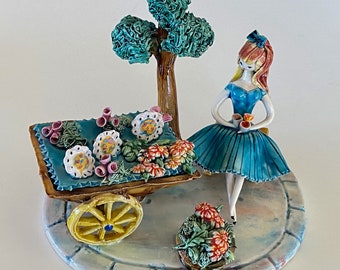 MCM Lucien Neuquelman Majolica Pottery French Girl With Flower Cart Sculpture