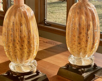 Pair Barovier & Toso Venetian Apricot Twist Glass Lamps