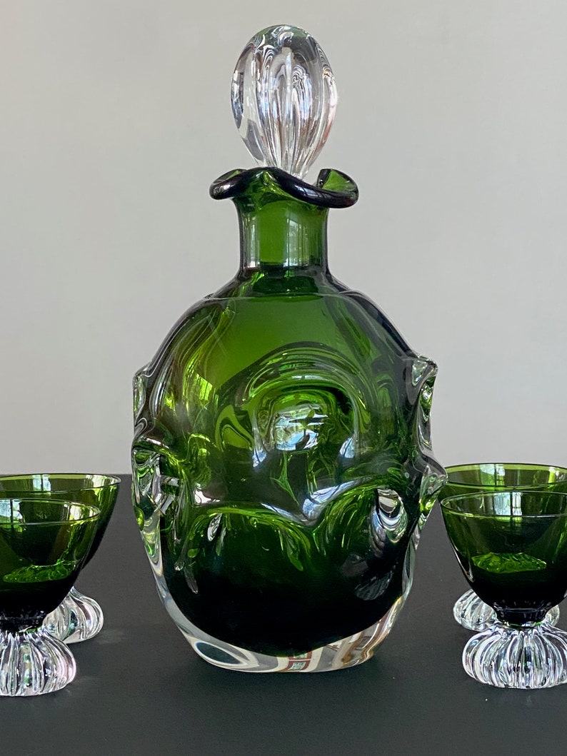 Vintage Aseda Bo Borgstrom Green Glass Decanter and Cordials Set Sweden image 3