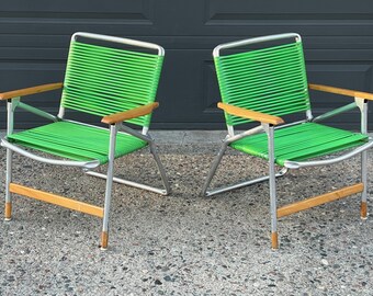Pair Vintage Lime Green Telescope Folding Lawn Chairs