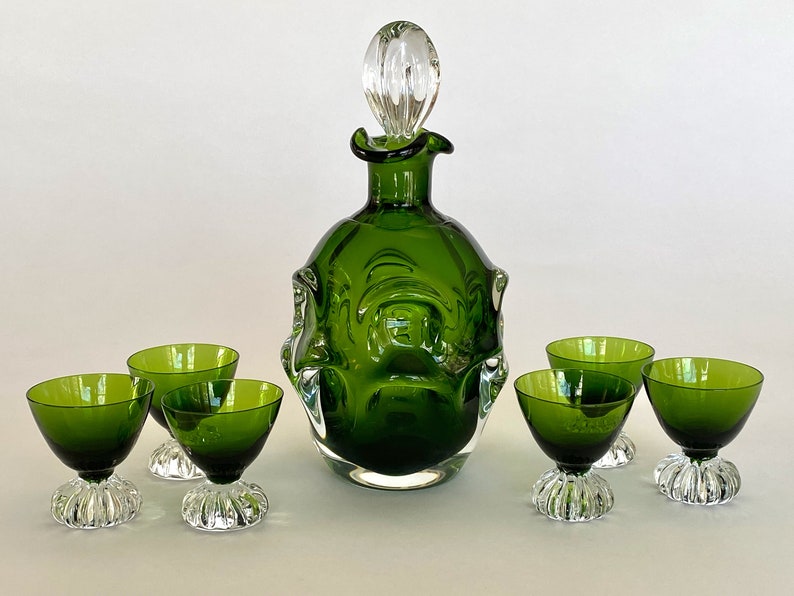Vintage Aseda Bo Borgstrom Green Glass Decanter and Cordials Set Sweden image 6