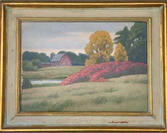 1930s Frederic Calhoun Framed Oil Painting Barn Autumn Landscape Minnesota Artist