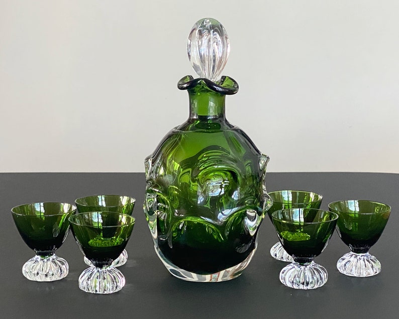 Vintage Aseda Bo Borgstrom Green Glass Decanter and Cordials Set Sweden image 2