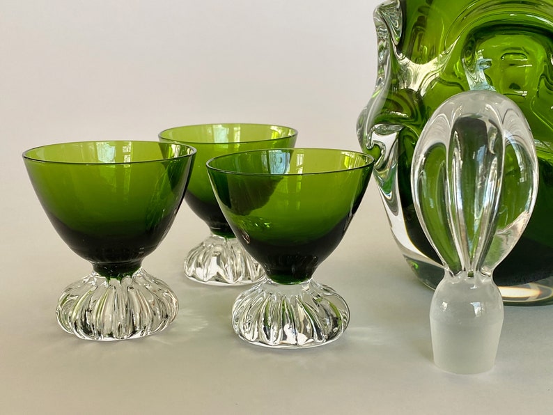 Vintage Aseda Bo Borgstrom Green Glass Decanter and Cordials Set Sweden image 5