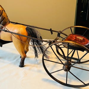 Antique Wooden Folk Art Carved Harness Racing Sulky Horse with Rider Jockey