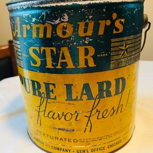 Antique advertising Armour&#39;s Star lard tin with handle Vintage advertising tin Armour star Lard bucket with handle Rustic decor Collectible